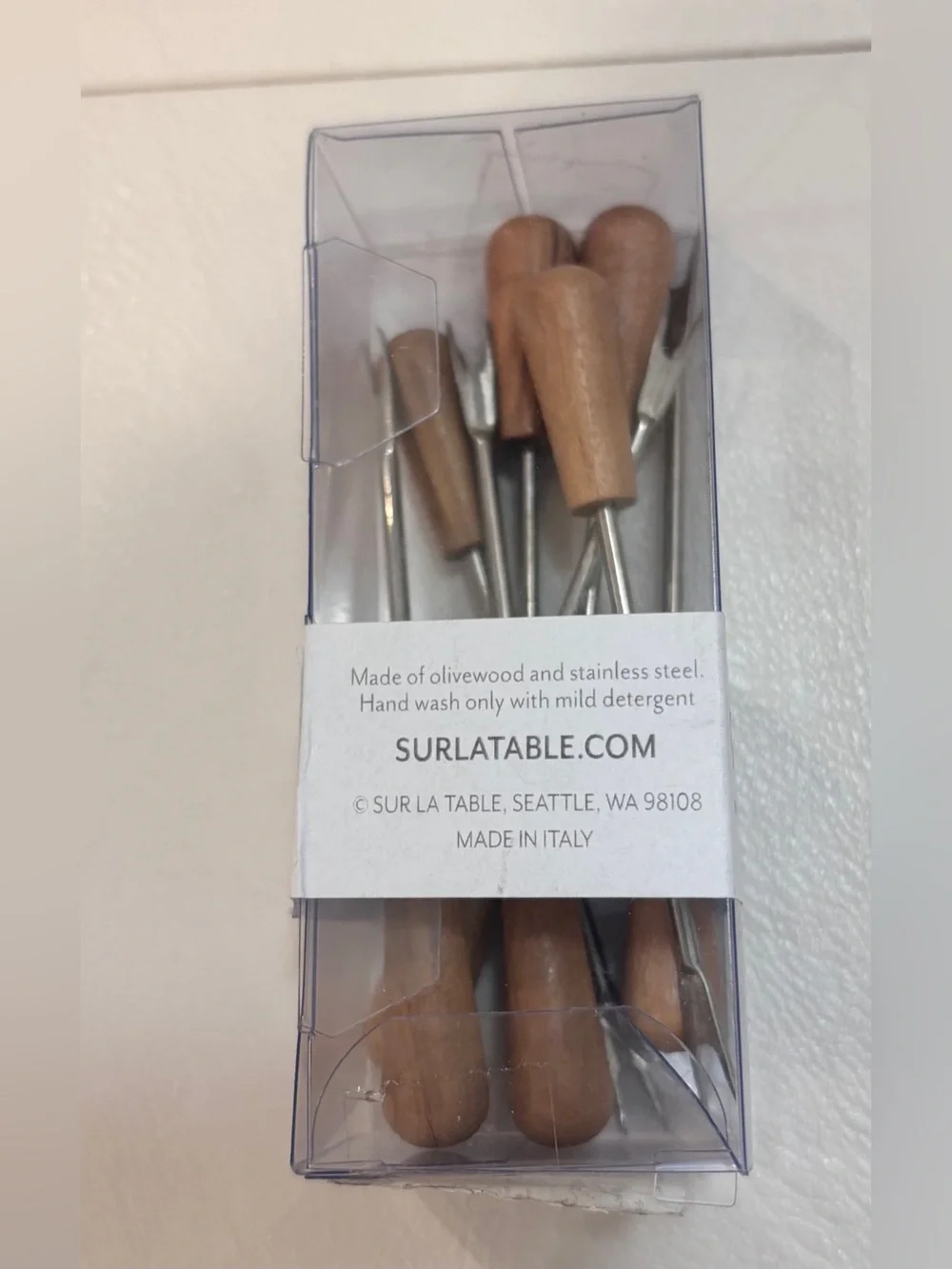 NWT “Sur La Table” (8) Olive Wood Handle w/ stainless steel DBL pronged picks